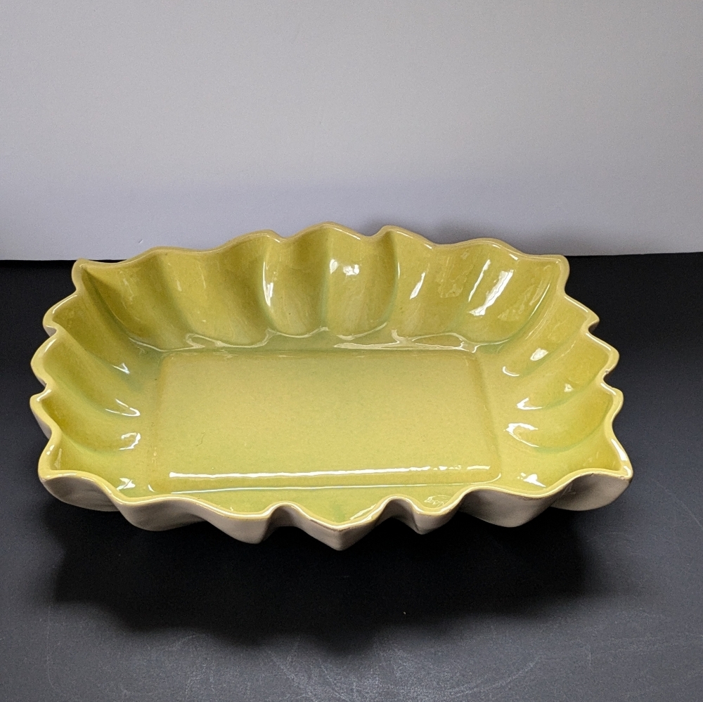Los Angeles Potteries Vintage Green Ruffled Ceramic Dish Large Low Planter 600 - Picture 15 of 16